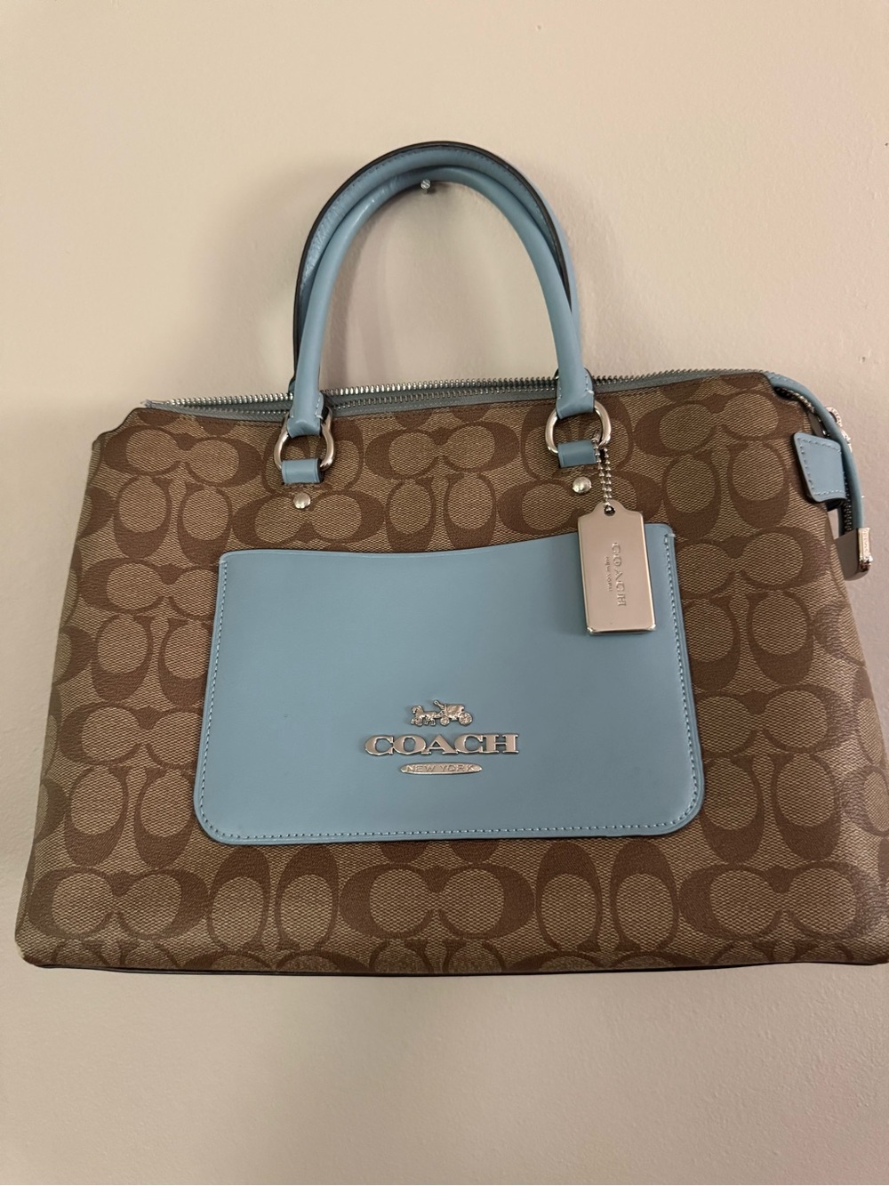 COACH Emma Signature Canvas Satchel with Light Blue Leather Trim